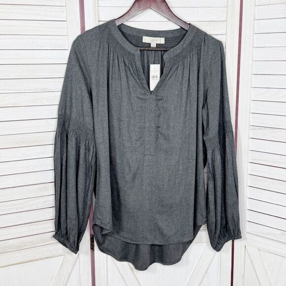 Loft V Neck Pop Over Boho Peasant Blouse Long Sleeve Denim Gray Small - Picture 7 of 12